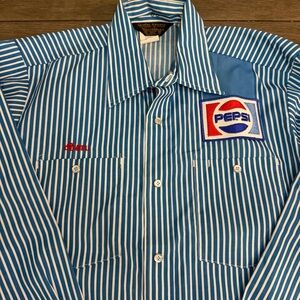 Vintage Pepsi Shirt Mens Medium Blue Stripe Button Front Long Sleeve USA